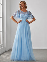 Load image into Gallery viewer, Color=Sky Blue | Sequin Print Maxi Long Wholesale Evening Dresses With Cap Sleeve-Sky Blue 4