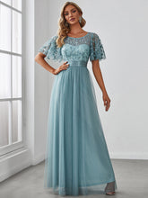 Load image into Gallery viewer, Color=Dusty blue | Sequin Print Maxi Long Wholesale Evening Dresses with Cap Sleeve-Dusty blue 1