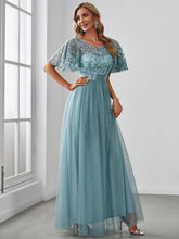 Load image into Gallery viewer, Color=Dusty blue | Sequin Print Maxi Long Wholesale Evening Dresses with Cap Sleeve-Dusty blue 3