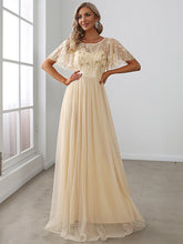 Load image into Gallery viewer, Color=Gold | Sequin Print Maxi Long Wholesale Evening Dresses with Cap Sleeve-Gold 1