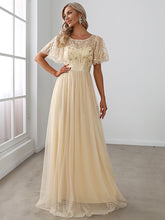 Load image into Gallery viewer, Color=Gold | Sequin Print Maxi Long Wholesale Evening Dresses with Cap Sleeve-Gold 4