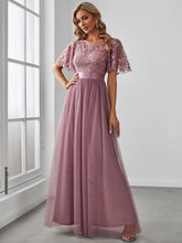 Load image into Gallery viewer, Color=Orchid | Sequin Print Maxi Long Wholesale Evening Dresses with Cap Sleeve-Orchid 1