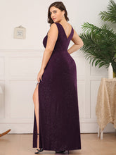 Load image into Gallery viewer, Color=Dark Purple | Plus Size Women Fashion A Line V Neck Long Gillter Evening Dress With Side Split Ep07505-Dark Purple 2