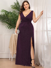 Load image into Gallery viewer, Color=Dark Purple | Plus Size Women Fashion A Line V Neck Long Gillter Evening Dress With Side Split Ep07505-Dark Purple 3