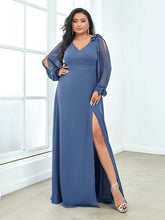 Load image into Gallery viewer, Color=Dusty Navy | Long Lantern Sleeves A Line V Neck Wholesale Bridesmaid Dresses-Dusty Navy 1