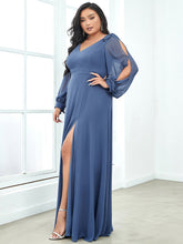 Load image into Gallery viewer, Color=Dusty Navy | Long Lantern Sleeves A Line V Neck Wholesale Bridesmaid Dresses-Dusty Navy 3