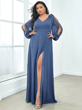 Load image into Gallery viewer, Color=Dusty Navy | Long Lantern Sleeves A Line V Neck Wholesale Bridesmaid Dresses-Dusty Navy 4