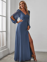 Load image into Gallery viewer, Color=Dusty Navy | Long Lantern Sleeves A Line V Neck Wholesale Bridesmaid Dresses-Dusty Navy 3