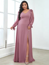 Load image into Gallery viewer, Color=Orchid | Long Lantern Sleeves A Line V Neck Wholesale Bridesmaid Dresses-Orchid 1