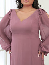 Load image into Gallery viewer, Color=Orchid | Long Lantern Sleeves A Line V Neck Wholesale Bridesmaid Dresses-Orchid 5