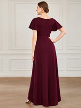 Load image into Gallery viewer, Color=Burgundy | Deep V Neck Short Ruffles Sleeves Split Wholesale Evening Dresses-Burgundy 2