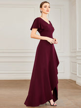 Load image into Gallery viewer, Color=Burgundy | Deep V Neck Short Ruffles Sleeves Split Wholesale Evening Dresses-Burgundy 3