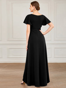 Color=Black | Deep V Neck Short Ruffles Sleeves Split Wholesale Evening Dresses-Black 2