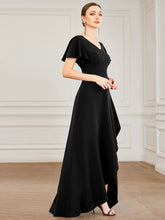 Load image into Gallery viewer, Color=Black | Deep V Neck Short Ruffles Sleeves Split Wholesale Evening Dresses-Black 3