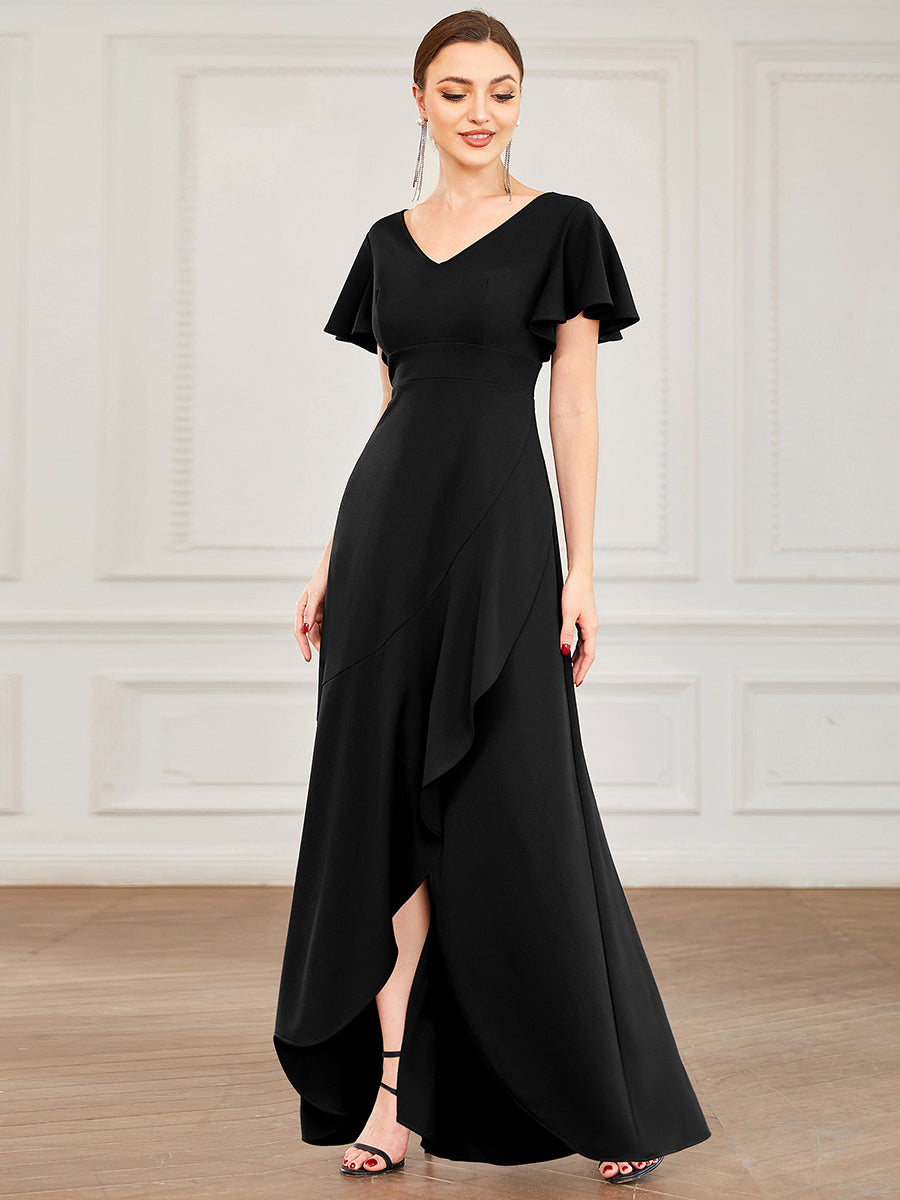 Color=Black | Deep V Neck Short Ruffles Sleeves Split Wholesale Evening Dresses-Black 1