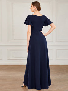 Color=Navy Blue | Deep V Neck Short Ruffles Sleeves Split Wholesale Evening Dresses-Navy Blue 2