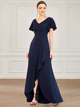 Load image into Gallery viewer, Color=Navy Blue | Deep V Neck Short Ruffles Sleeves Split Wholesale Evening Dresses-Navy Blue 1