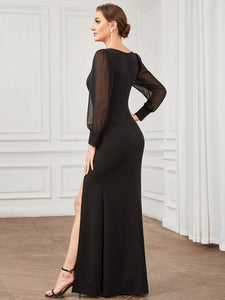 Color=Black | Square Neckline Long Sleeves A Line Wholesale Evening Dresses-Black 2