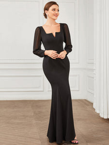 Color=Black | Square Neckline Long Sleeves A Line Wholesale Evening Dresses-Black 3