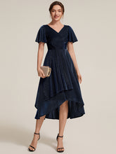 Load image into Gallery viewer, Navy Blue | Bulk Order Short Sleeve Ruffle A-Line High Stretch Cross-over Cocktail Dresses