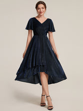 Load image into Gallery viewer, Navy Blue | Bulk Order Short Sleeve Ruffle A-Line High Stretch Cross-over Cocktail Dresses