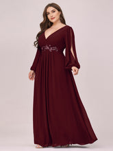 Load image into Gallery viewer, Color=Burgundy | Factory Design Long Sleeve A-Line Floor Length Deep V-Neck Evening Dresses-Burgundy 9