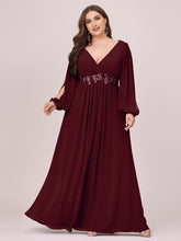 Load image into Gallery viewer, Color=Burgundy | Factory Design Long Sleeve A-Line Floor Length Deep V-Neck Evening Dresses-Burgundy 10