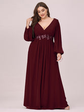 Load image into Gallery viewer, Color=Burgundy | Factory Design Long Sleeve A-Line Floor Length Deep V-Neck Evening Dresses-Burgundy 6