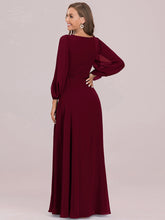 Load image into Gallery viewer, Color=Burgundy | Factory Design Long Sleeve A-Line Floor Length Deep V-Neck Evening Dresses-Burgundy 2