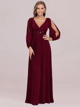 Load image into Gallery viewer, Color=Burgundy | Factory Design Long Sleeve A-Line Floor Length Deep V-Neck Evening Dresses-Burgundy 4