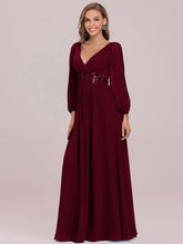 Load image into Gallery viewer, Color=Burgundy | Factory Design Long Sleeve A-Line Floor Length Deep V-Neck Evening Dresses-Burgundy 5