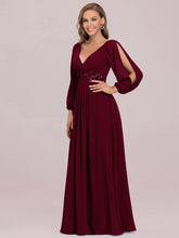 Load image into Gallery viewer, Color=Burgundy | Factory Design Long Sleeve A-Line Floor Length Deep V-Neck Evening Dresses-Burgundy 1