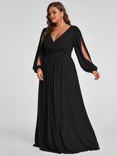 Load image into Gallery viewer, Color=Black | Factory Design Long Sleeve A-Line Floor Length Deep V-Neck Evening Dresses-Black 16
