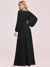 Load image into Gallery viewer, Color=Black | Factory Design Long Sleeve A-Line Floor Length Deep V-Neck Evening Dresses-Black 12
