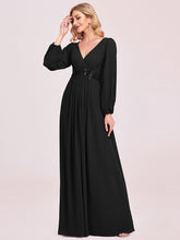 Load image into Gallery viewer, Color=Black | Factory Design Long Sleeve A-Line Floor Length Deep V-Neck Evening Dresses-Black 14