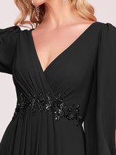 Load image into Gallery viewer, Color=Black | Factory Design Long Sleeve A-Line Floor Length Deep V-Neck Evening Dresses-Black 13