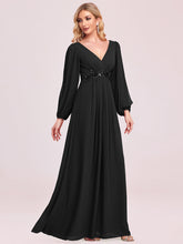 Load image into Gallery viewer, Color=Black | Factory Design Long Sleeve A-Line Floor Length Deep V-Neck Evening Dresses-Black 11