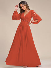 Load image into Gallery viewer, Color=Burnt Orange | Factory Design Long Sleeve A-Line Floor Length Deep V-Neck Evening Dresses-Burnt Orange 24