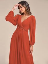 Load image into Gallery viewer, Color=Burnt Orange | Factory Design Long Sleeve A-Line Floor Length Deep V-Neck Evening Dresses-Burnt Orange 23