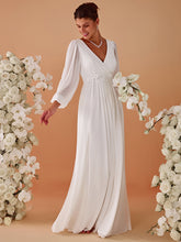 Load image into Gallery viewer, Color=Cream | Factory Design Long Sleeve A-Line Floor Length Deep V-Neck Evening Dresses-Cream 34