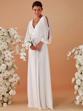 Load image into Gallery viewer, Color=Cream | Factory Design Long Sleeve A-Line Floor Length Deep V-Neck Evening Dresses-Cream 31