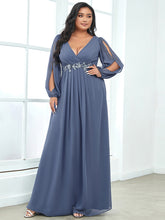 Load image into Gallery viewer, Color=Dusty Blue | Factory Design Long Sleeve A-Line Floor Length Deep V-Neck Evening Dresses-Dusty Blue 50
