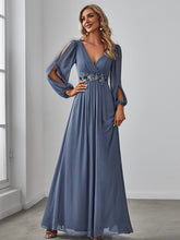Load image into Gallery viewer, Color=Dusty Blue | Factory Design Long Sleeve A-Line Floor Length Deep V-Neck Evening Dresses-Dusty Blue 48