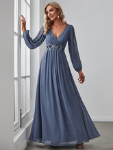 Load image into Gallery viewer, Color=Dusty Blue | Factory Design Long Sleeve A-Line Floor Length Deep V-Neck Evening Dresses-Dusty Blue 49