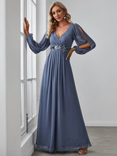 Load image into Gallery viewer, Color=Dusty Blue | Factory Design Long Sleeve A-Line Floor Length Deep V-Neck Evening Dresses-Dusty Blue 45