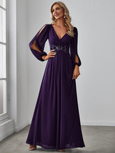 Load image into Gallery viewer, Color=Dark Purple | Factory Design Long Sleeve A-Line Floor Length Deep V-Neck Evening Dresses-Dark Purple 58