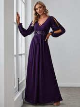 Load image into Gallery viewer, Color=Dark Purple | Factory Design Long Sleeve A-Line Floor Length Deep V-Neck Evening Dresses-Dark Purple 59