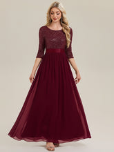 Load image into Gallery viewer, Color=Burgundy | B2B-Exclusive 3/4 Sleeve Sequin Patchwork A-Line Floor Length Evening Dresses-Burgundy 5