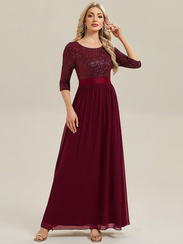 Color=Burgundy | B2B-Exclusive 3/4 Sleeve Sequin Patchwork A-Line Floor Length Evening Dresses-Burgundy 1