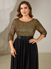 Load image into Gallery viewer, Color=Black Gold | B2B-Exclusive 3/4 Sleeve Sequin Patchwork A-Line Floor Length Evening Dresses-Black Gold 38